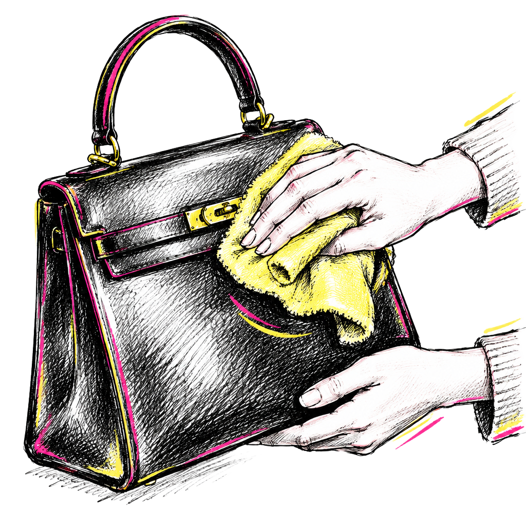 Hand-sketched hand polishing a leather handbag with a cloth