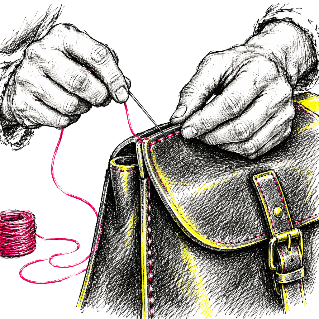Hand-sketched artisan hands stitching a leather bag