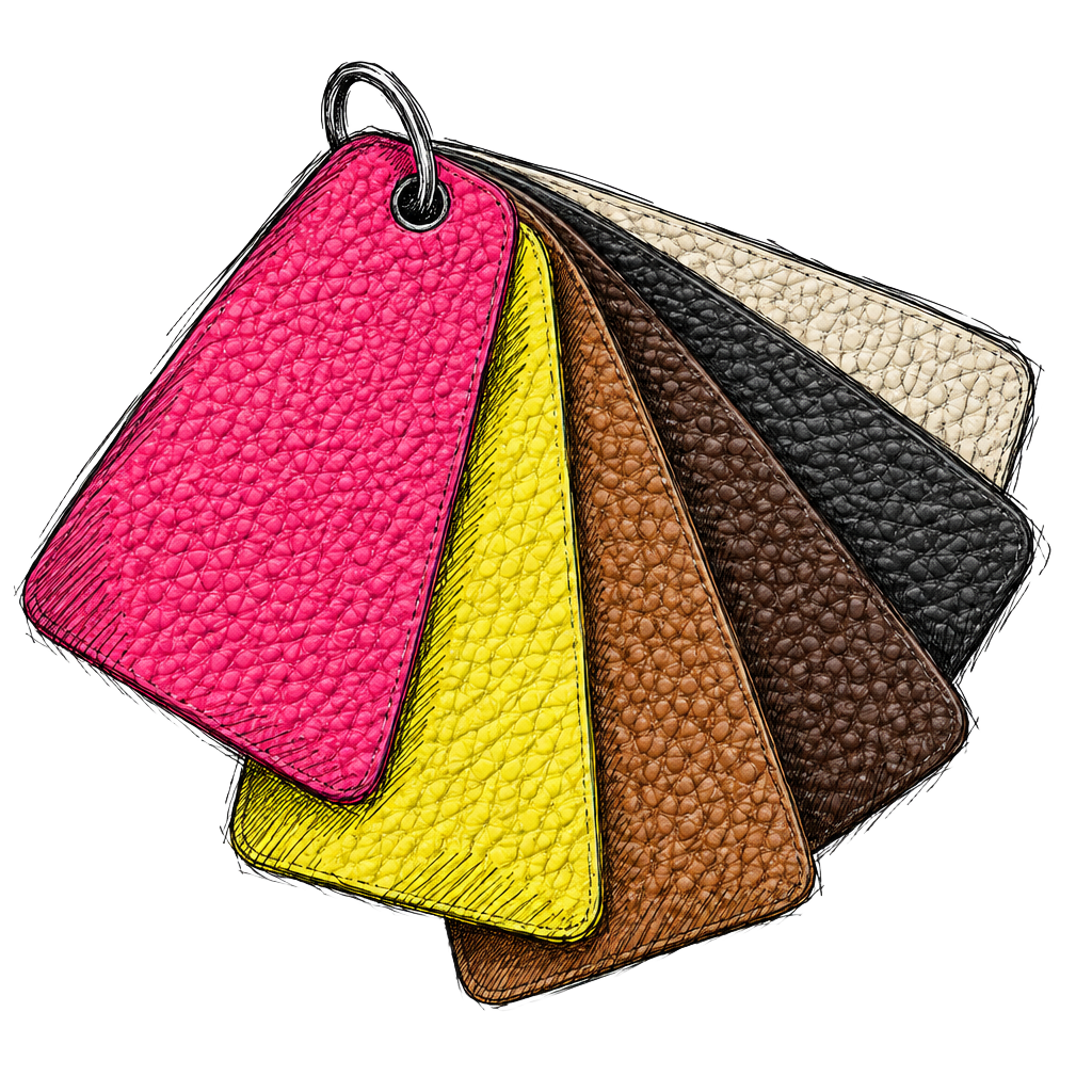 Hand-sketched fan of leather swatches in pink, yellow and natural tones